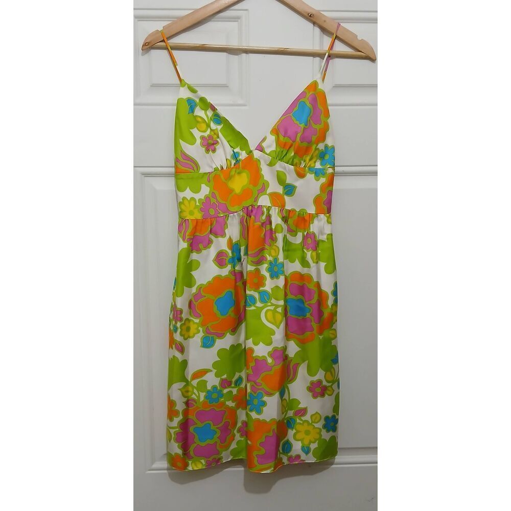 Milly new york size 0 women 100% silk floral green orange babydoll dress Pockets - Picture 2 of 8